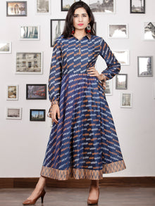 Blue Peach Grey White Handloom Mercerised Ikat Cotton Middi Dress With Collar & Knot Sleeves - D277F1405