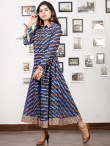 Blue Peach Grey White Handloom Mercerised Ikat Cotton Middi Dress With Collar & Knot Sleeves - D277F1405