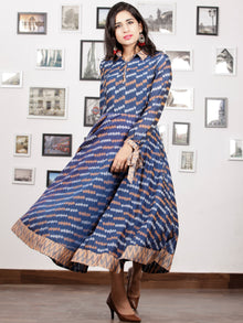 Blue Peach Grey White Handloom Mercerised Ikat Cotton Middi Dress With Collar & Knot Sleeves - D277F1405