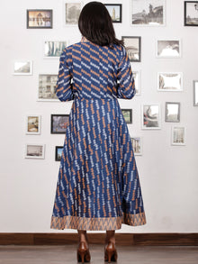 Blue Peach Grey White Handloom Mercerised Ikat Cotton Middi Dress With Collar & Knot Sleeves - D277F1405