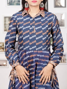 Blue Peach Grey White Handloom Mercerised Ikat Cotton Middi Dress With Collar & Knot Sleeves - D277F1405