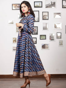 Blue Peach Grey White Handloom Mercerised Ikat Cotton Middi Dress With Collar & Knot Sleeves - D277F1405
