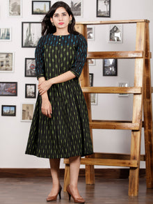Black Parrot Green Turquoise Handwoven Ikat Middi Dress With Knife Pleates -  D289F1445