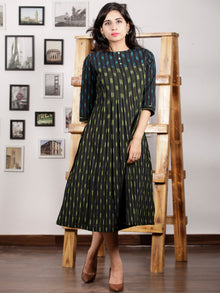 Black Parrot Green Turquoise Handwoven Ikat Middi Dress With Knife Pleates -  D289F1445