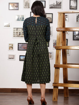Black Parrot Green Turquoise Handwoven Ikat Middi Dress With Knife Pleates -  D289F1445