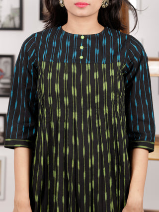 Black Parrot Green Turquoise Handwoven Ikat Middi Dress With Knife Pleates -  D289F1445