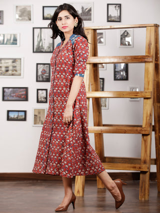 Red Indigo Ivory Hand Block Printed Cotton Dress With Front Open - D290F1382