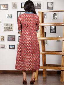 Red Indigo Ivory Hand Block Printed Cotton Dress With Front Open - D290F1382