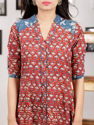 Red Indigo Ivory Hand Block Printed Cotton Dress With Front Open - D290F1382