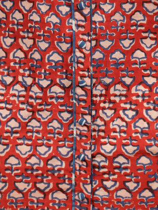 Red Indigo Ivory Hand Block Printed Cotton Dress With Front Open - D290F1382