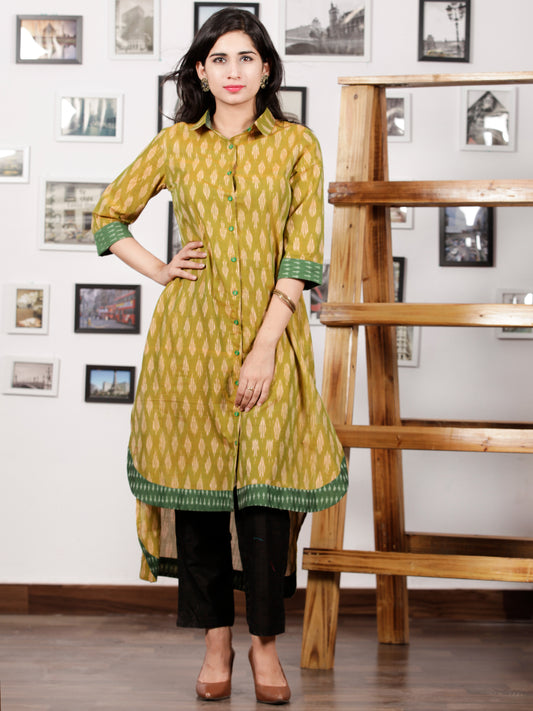 Green Peach Ivory Handloom Mercerised Ikat Asymmetric Long Kurta With Front Open - K93F1275