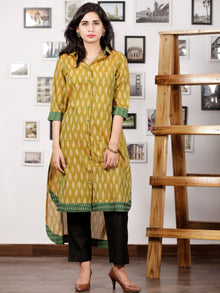 Green Peach Ivory Handloom Mercerised Ikat Asymmetric Long Kurta With Front Open - K93F1275