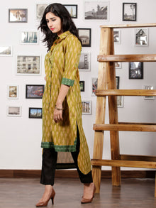 Green Peach Ivory Handloom Mercerised Ikat Asymmetric Long Kurta With Front Open - K93F1275