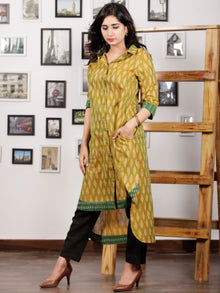 Green Peach Ivory Handloom Mercerised Ikat Asymmetric Long Kurta With Front Open - K93F1275