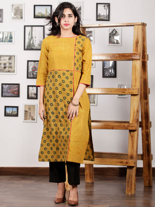 Mustard Green Pink Hand Printed Ajrakh Kurta in Natural Colors - K57F1530