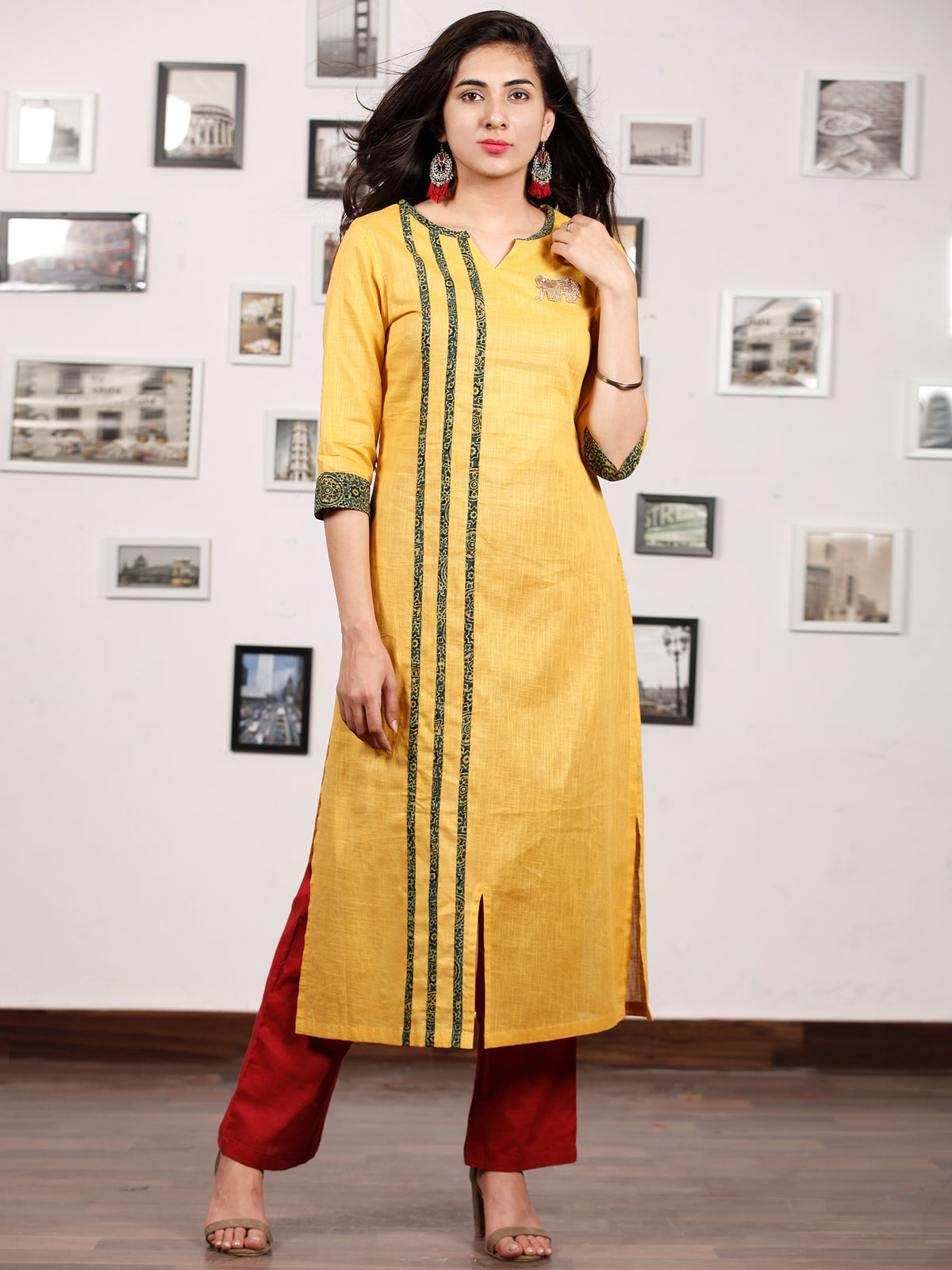 Yellow Green South Handloom Cotton Kurta With Ajrakh High Lighting   - K145FXXX