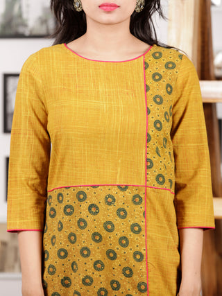 Mustard Green Pink Hand Printed Ajrakh Kurta in Natural Colors - K57F1530