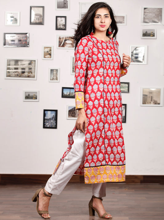 Red Yellow  Hand Block Printed Kurta With Natural  Colors - K150F780