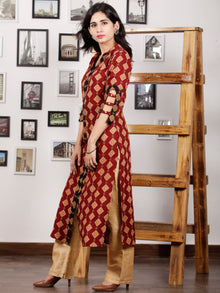 Maroon Black Mustard Hand Printed Ajrakh Rayon Long Kurta With 3/4th Sleeves - K100F1547