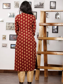 Maroon Black Mustard Hand Printed Ajrakh Rayon Long Kurta With 3/4th Sleeves - K100F1547