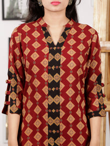 Maroon Black Mustard Hand Printed Ajrakh Rayon Long Kurta With 3/4th Sleeves - K100F1547