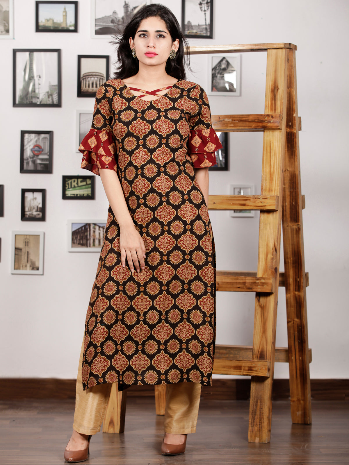 Black Maroon Peanut Brown Hand Printed Ajrakh Rayon Kurta With Bell Sleeves - K101F1551