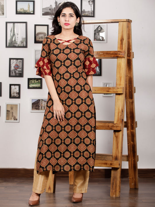 Black Maroon Peanut Brown Hand Printed Ajrakh Rayon Kurta With Bell Sleeves - K101F1551