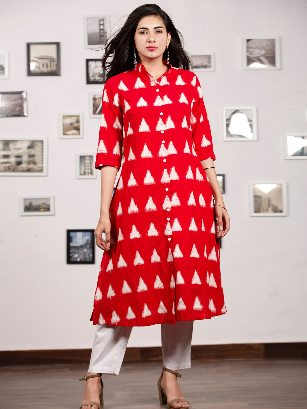 Red White Handloom Double Ikat Kurta With Front Open & Pockets - K147F766