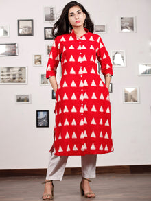 Red White Handloom Double Ikat Kurta With Front Open & Pockets - K147F766