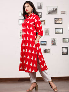 Red White Handloom Double Ikat Kurta With Front Open & Pockets - K147F766
