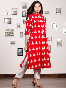 Red White Handloom Double Ikat Kurta With Front Open & Pockets - K147F766
