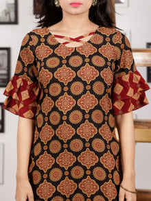 Black Maroon Peanut Brown Hand Printed Ajrakh Rayon Kurta With Bell Sleeves - K101F1551