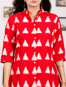Red White Handloom Double Ikat Kurta With Front Open & Pockets - K147F766