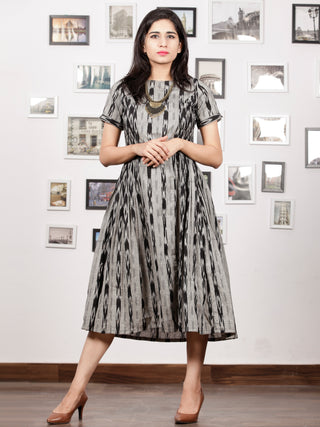 Grey Black Handwoven Ikat Dress With Princess Cut & Knife Pleates-  D278F1256