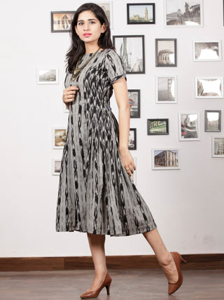 Grey Black Handwoven Ikat Dress With Princess Cut & Knife Pleates-  D278F1256