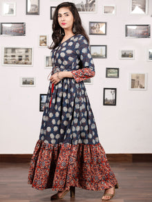Floral Dress Up - Hand Block Printed Cotton Long Tie Up Waist Dress -  D170F1740