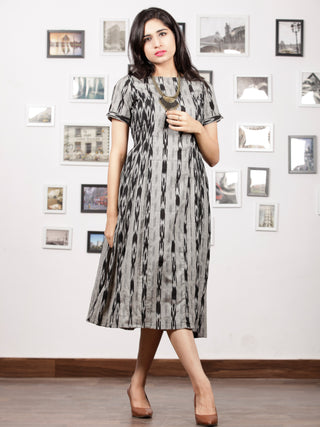 Grey Black Handwoven Ikat Dress With Princess Cut & Knife Pleates-  D278F1256