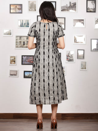 Grey Black Handwoven Ikat Dress With Princess Cut & Knife Pleates-  D278F1256