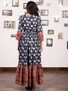 Floral Dress Up - Hand Block Printed Cotton Long Tie Up Waist Dress -  D170F1740