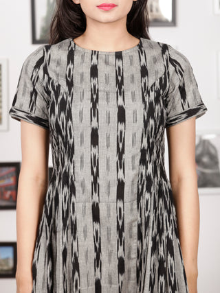 Grey Black Handwoven Ikat Dress With Princess Cut & Knife Pleates-  D278F1256