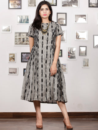 Grey Black Handwoven Ikat Dress With Princess Cut & Knife Pleates-  D278F1256