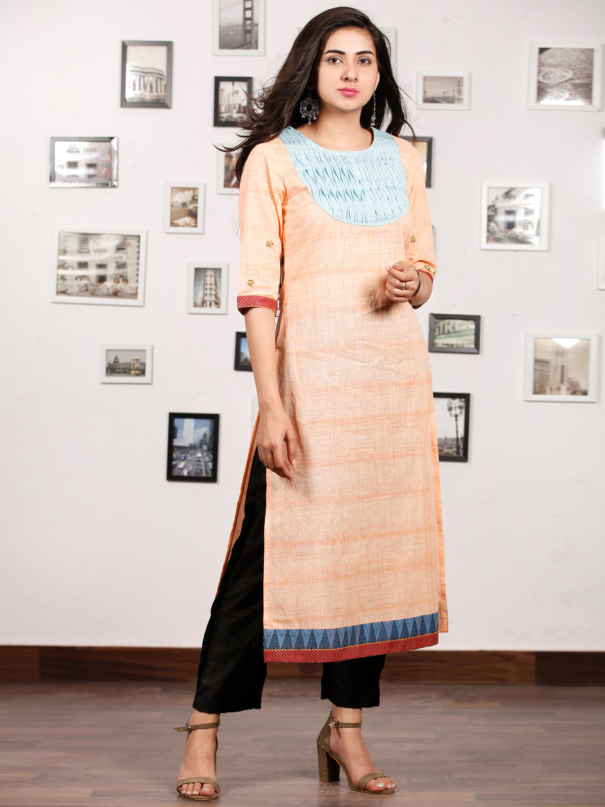 Peach Sky Blue South Handloom Cotton Kurta With Waves Pintucks   - K149FXXX