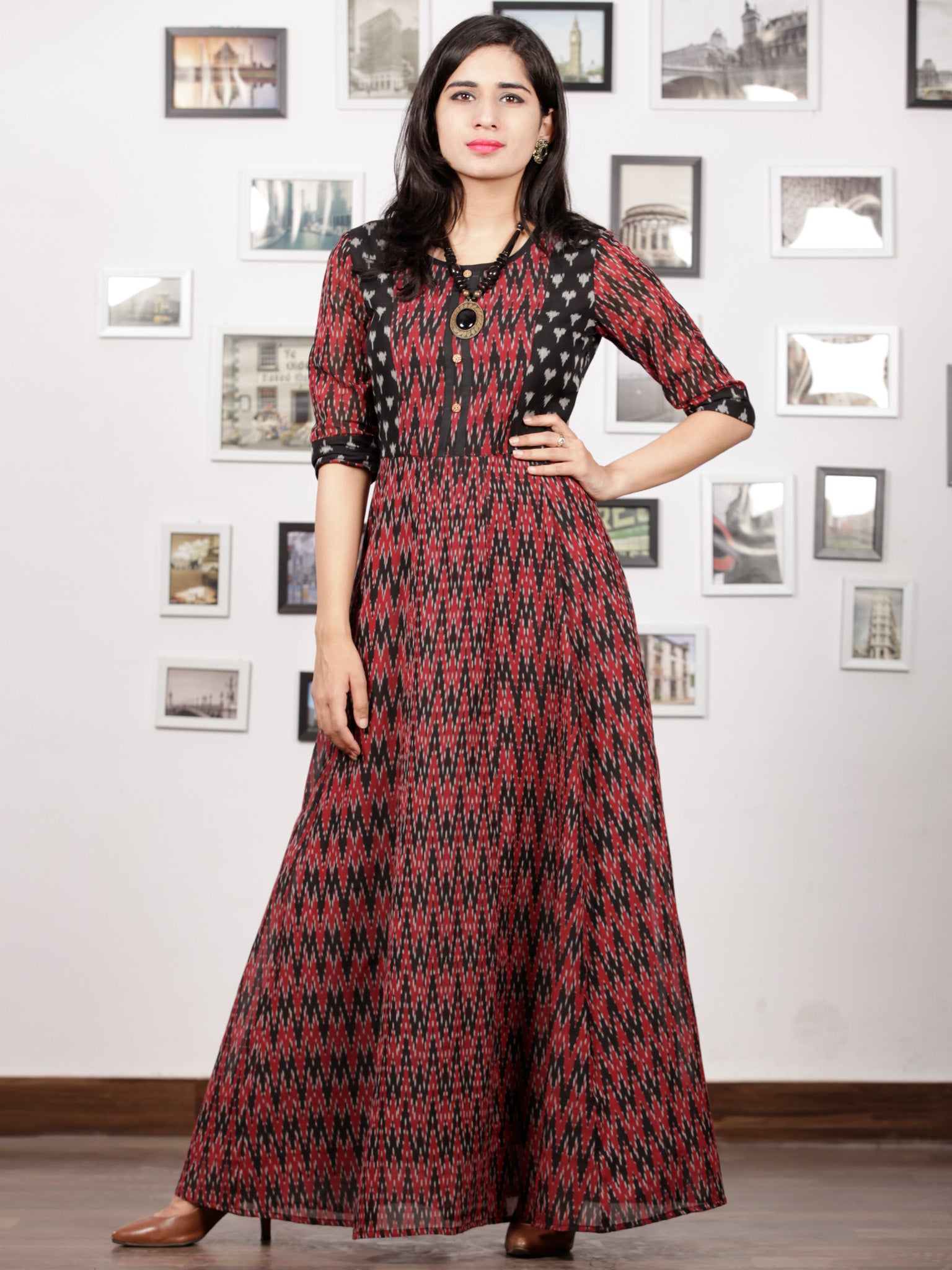 Maroon Black Handloom Mercerised Ikat Long Cotton Princess Cut Dress - InduBindu Maroon Black Handloom Mercerised Ikat Long Cotton Princess Cut Dress - InduBindu