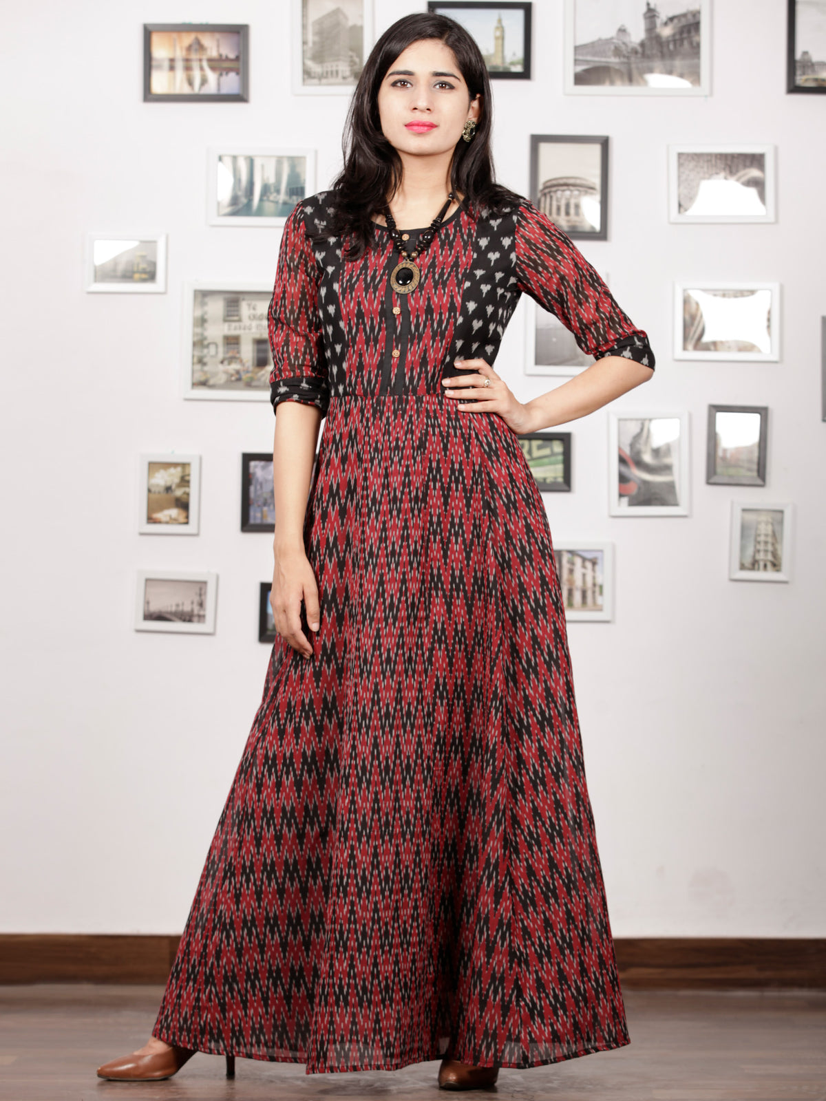 Maroon Black Handloom Mercerised Ikat Long Cotton Princess Cut