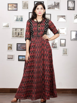 Maroon Black Handloom Mercerised Ikat Long Cotton Princess Cut Dress - D279F1415