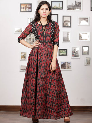 Maroon Black Handloom Mercerised Ikat Long Cotton Princess Cut Dress - D279F1415