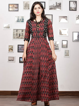Maroon Black Handloom Mercerised Ikat Long Cotton Princess Cut Dress - D279F1415