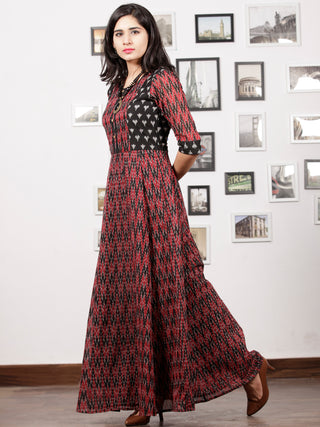 Maroon Black Handloom Mercerised Ikat Long Cotton Princess Cut Dress - D279F1415
