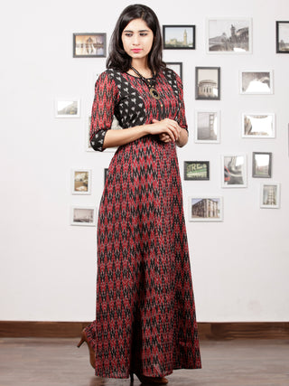 Maroon Black Handloom Mercerised Ikat Long Cotton Princess Cut Dress - D279F1415