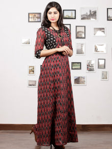 Maroon Black Handloom Mercerised Ikat Long Cotton Princess Cut Dress - D279F1415